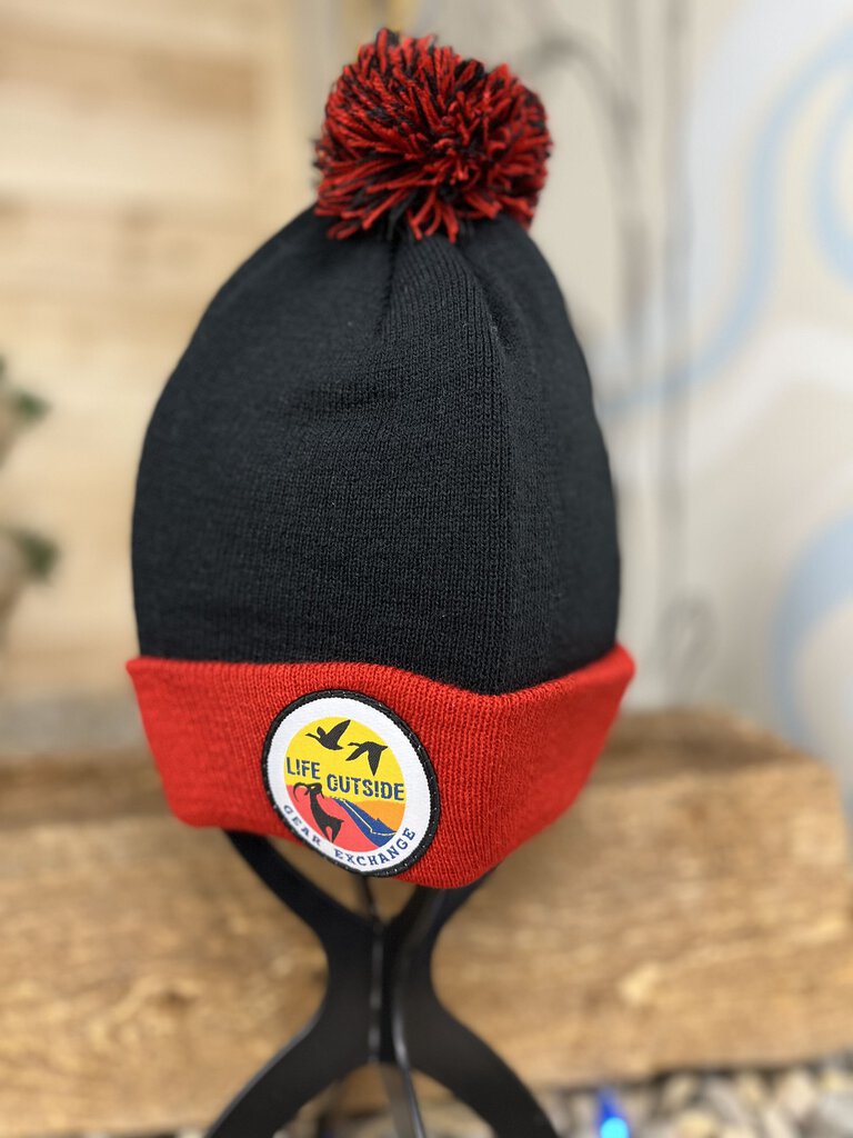 Life Outside- Logo Pom Pom Toque: Black/ Red Colour Logo -unisex-O/S