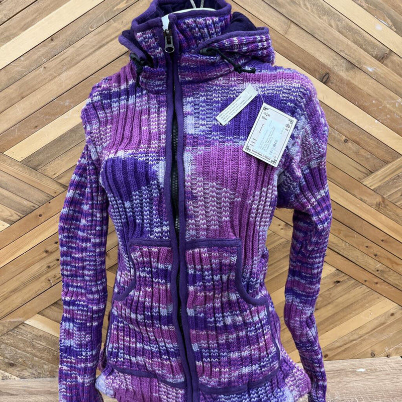 Dharma Chakra Imports - Zip-Up Wool Sweater Hand Made in Nepal: Purple-women-LG