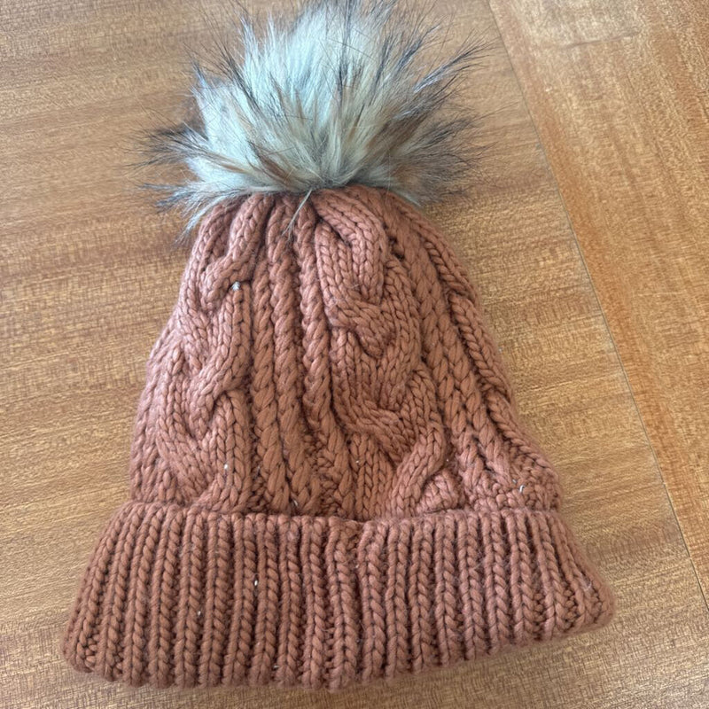 David and Young - Toque w/ Faux Fur Pom - MSRP $37: Brown-women-