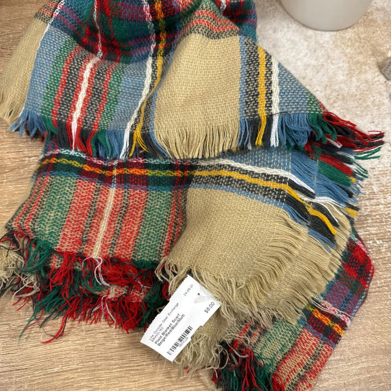 Plaid Blanket Scarf: Beige/Red/Blue/Multi--