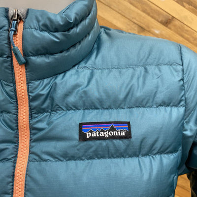 Patagonia - Women's Down Sweater Jacket - MSRP $349: Teal Blue / Salmon Pink-women-SM