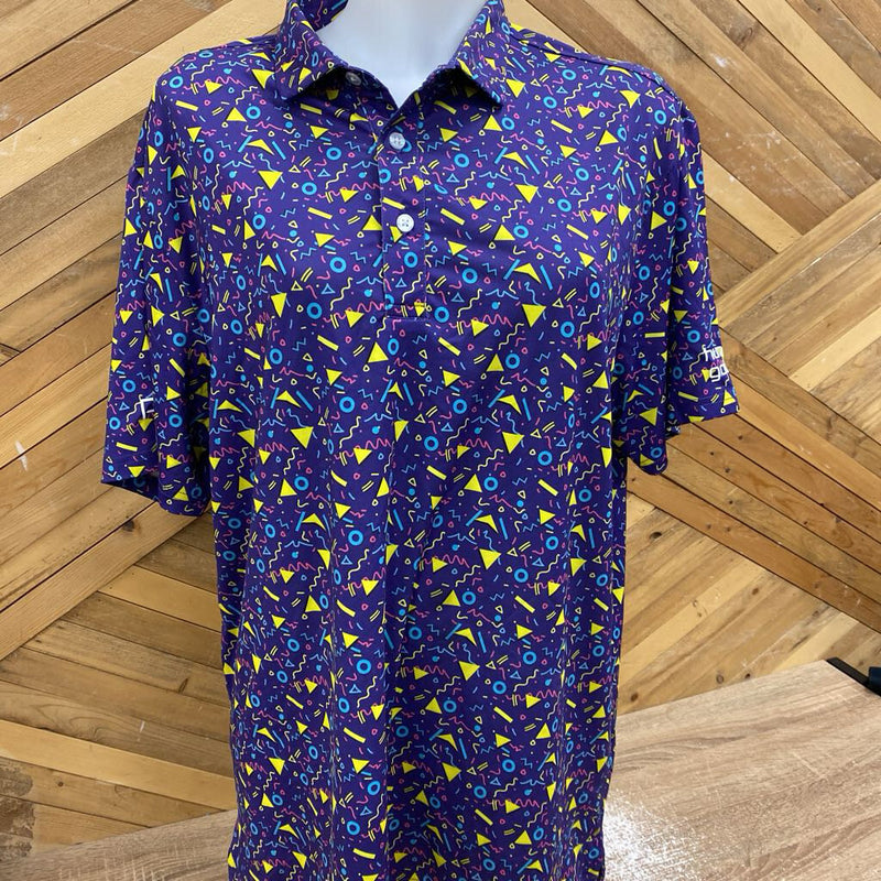 PLYR - Geometric Patterned Golf Shirt - MSRP$89: Purple / Yellow / Pink / Blue-unisex-LG