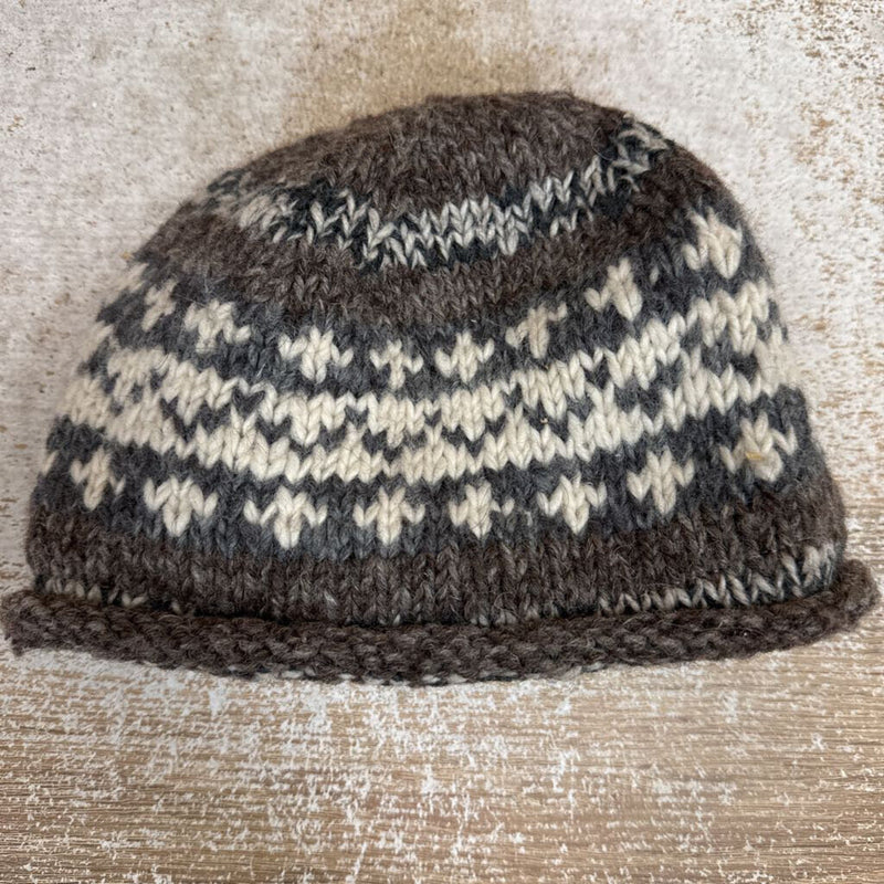 Crumpet - Hand-Knit Fleece-Lined Wool Hat: Brown/Grey/White-unisex-