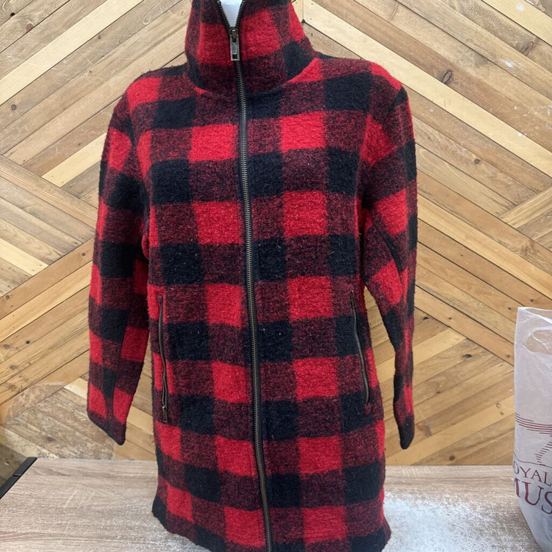 Roots Red and Black Plaid Fleece Zip-Up Jacket: red, black-unisex-XS