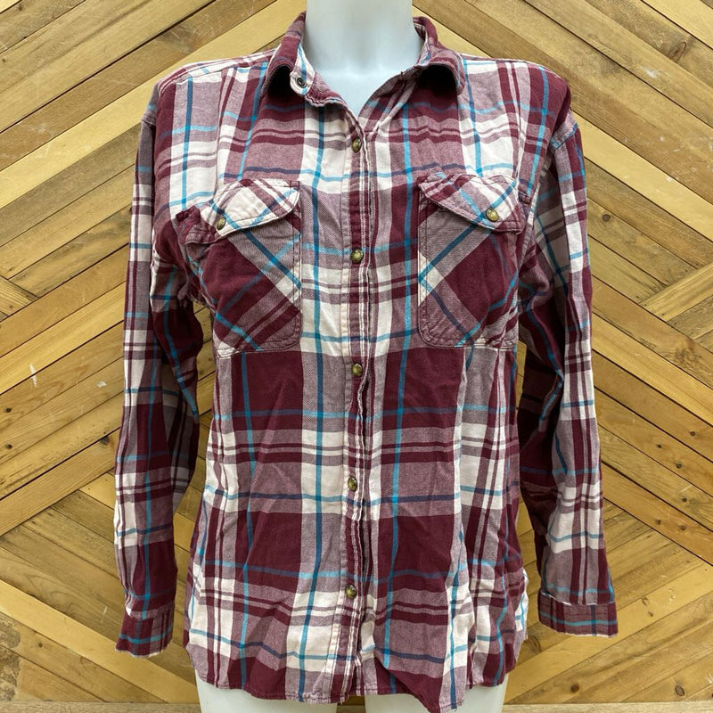 Eddie Bauer- Button down flannel- MSRP $90: Deep Red Blue Plaid -women-MD