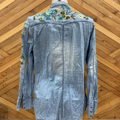 Tribal Jeans - Women's Button-Up Embroidered Denim Shirt: Blue/Green-women-MD