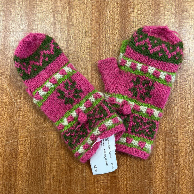 Red Knit Mittens: Pink Green -unisex-