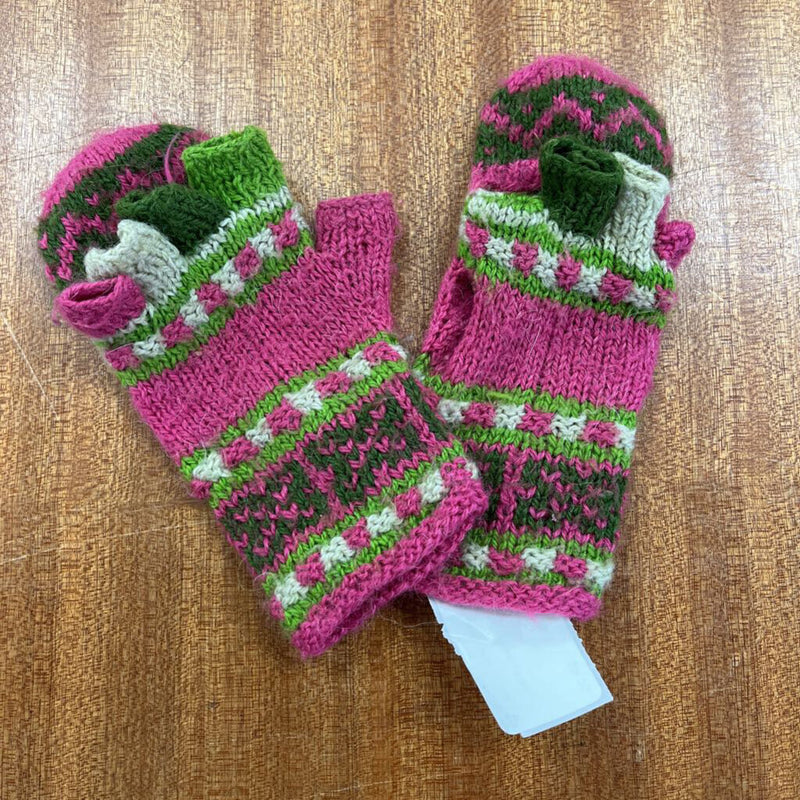 Red Knit Mittens: Pink Green -unisex-