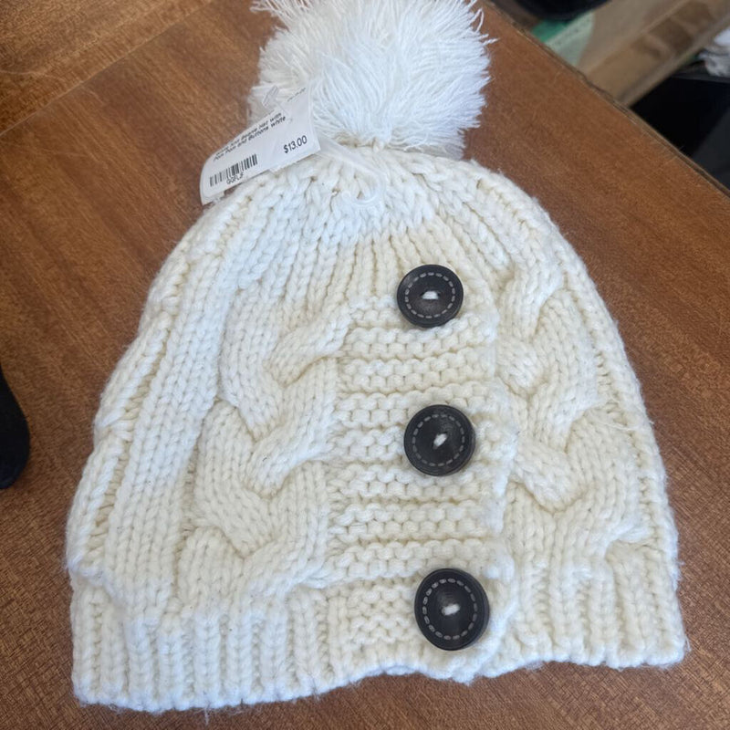 White Knit Beanie Hat with Pom Pom and Buttons: white-unisex-