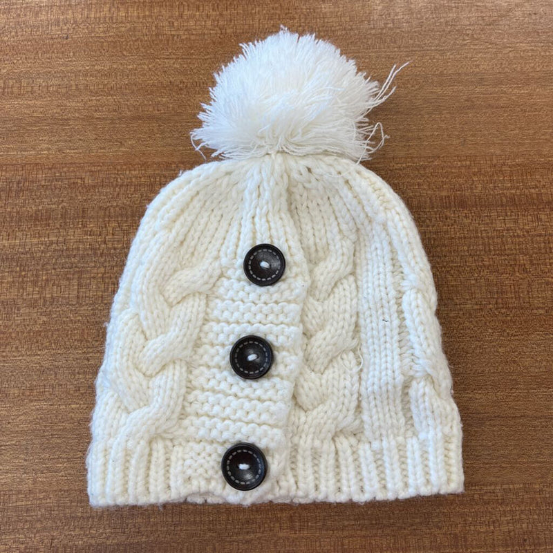 White Knit Beanie Hat with Pom Pom and Buttons: white-unisex-