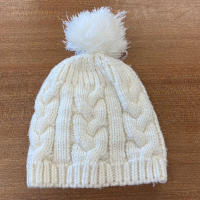 White Knit Beanie Hat with Pom Pom and Buttons: white-unisex-