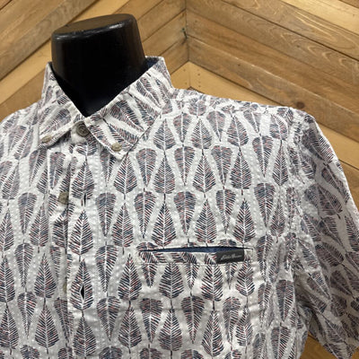 Eddie Bauer - Men's Classic Fit Leaf Print S/S Button-Up Shirt - MSRP $ 70: White/Blue/Red-men-LG - Tall