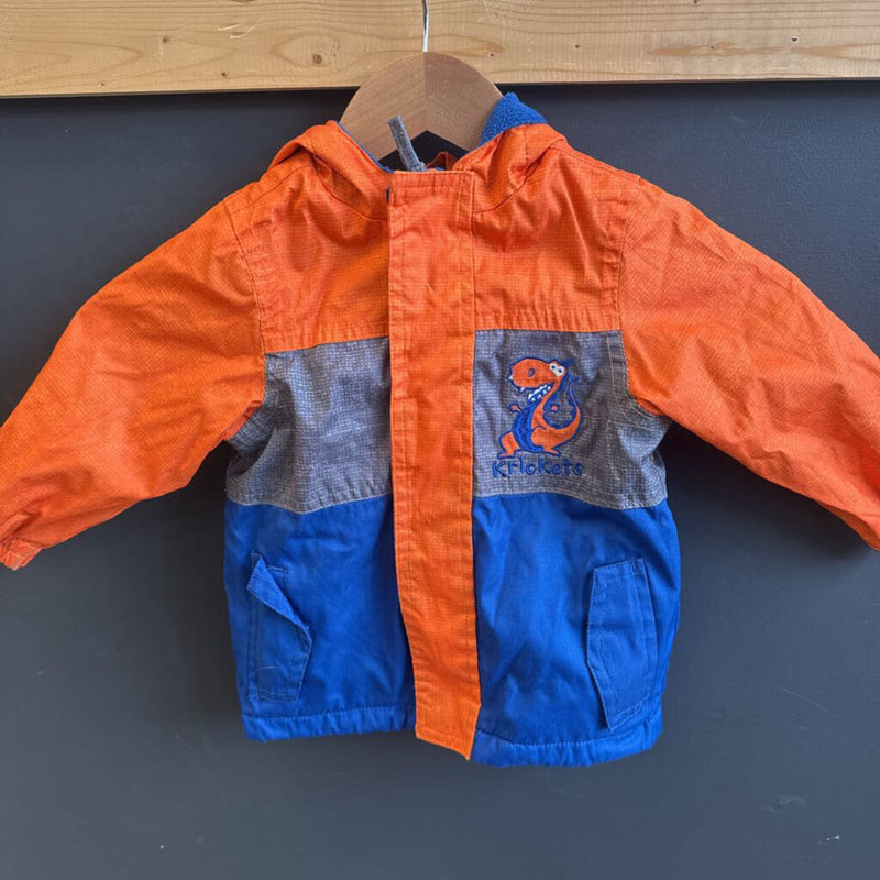 Krickets - Baby Dinosaur Fleece-Lined Rain Jacket: Orange/Blue/Grey-infant-18M