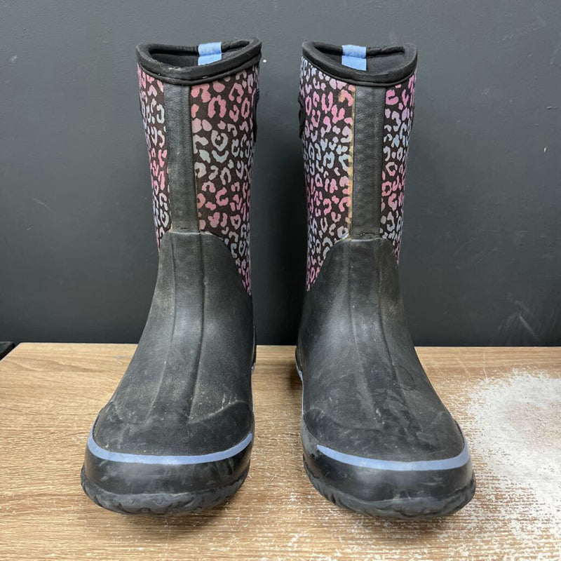 Waterproof Leopard Print Rain Boots: Black/Pink-women-5Y