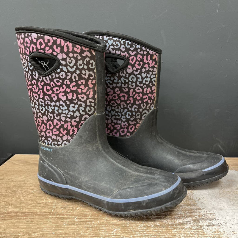 Waterproof Leopard Print Rain Boots: Black/Pink-women-5Y