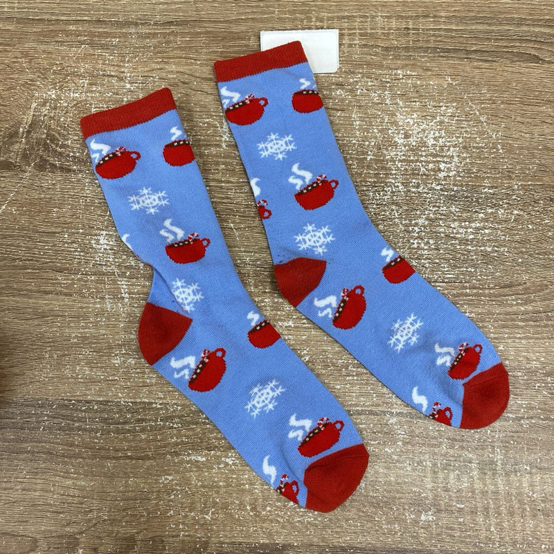 Holiday Hot Chocolate Socks: Blue with Red-women-