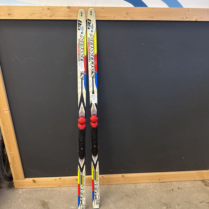Salomon Waxless Cross country Skis Team Racing Grip with SNS Profil Bindings compare at $200: white yellow black --131cm