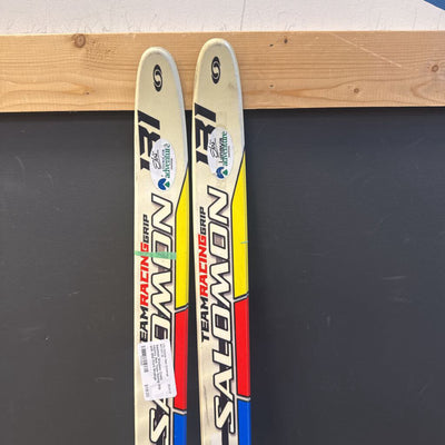 Salomon Waxless Cross country Skis Team Racing Grip with SNS Profil Bindings compare at $200: white yellow black --131cm