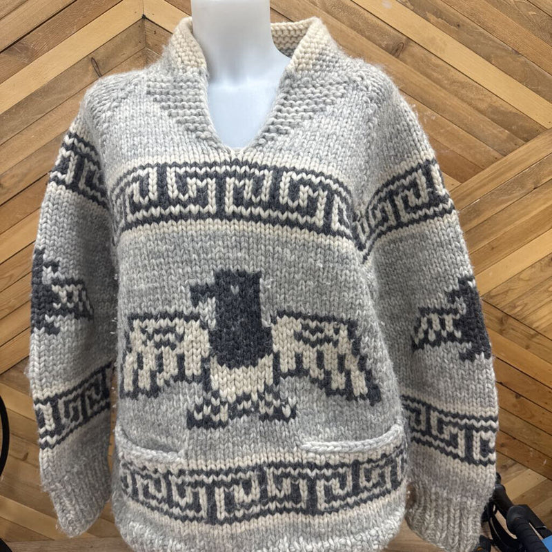 Kanata - 100% Wool Hand Knit Sweater - MSRP $475: Cream/Grey-women-XL