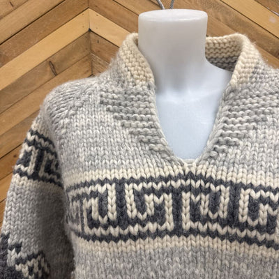 Kanata - 100% Wool Hand Knit Sweater - MSRP $475: Cream/Grey-women-XL