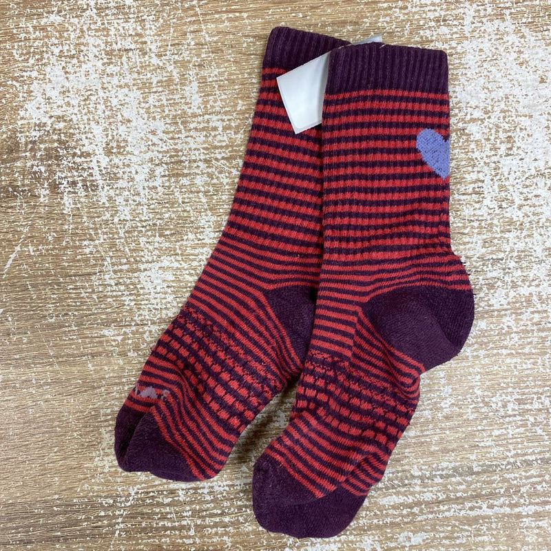 Bombas- Kids Red and Purple Striped Socks with Heart Design: red, purple-unisex-