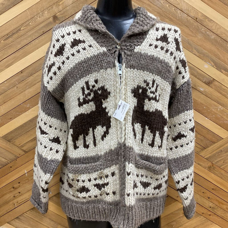 Knit Full-Zip Moose Sweater: White/Brown-unisex-