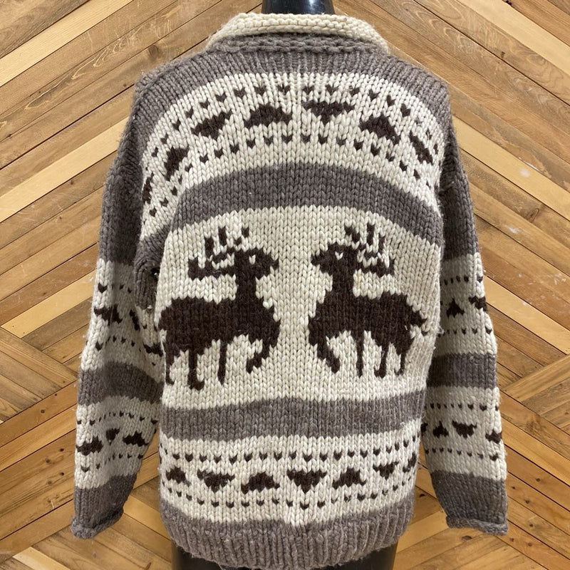 Knit Full-Zip Moose Sweater: White/Brown-unisex-