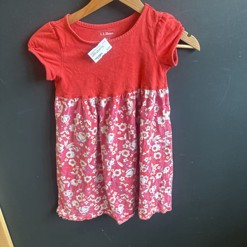 L.L. Bean - Girls S/S Dress: Red/Pink Floral-children-6/7Y