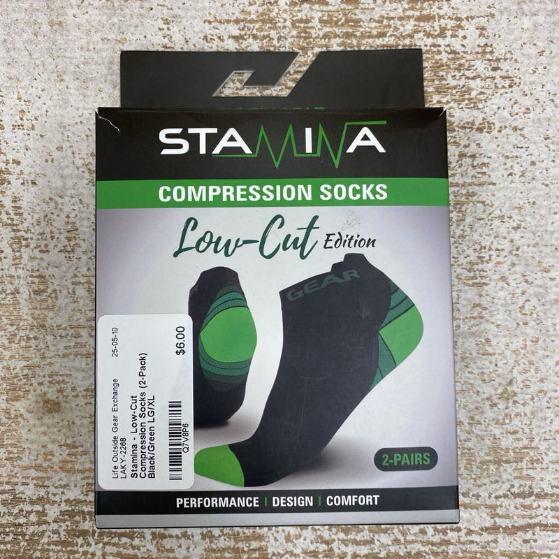 Stamina - Low-Cut Compression Socks (2-Pack): Black/Green-unisex-LG/XL