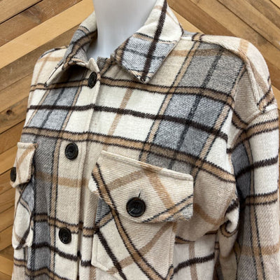 Black Tape - Women's Plaid Button-Down Shacket: Borwn/Grey/Cream-women-MD