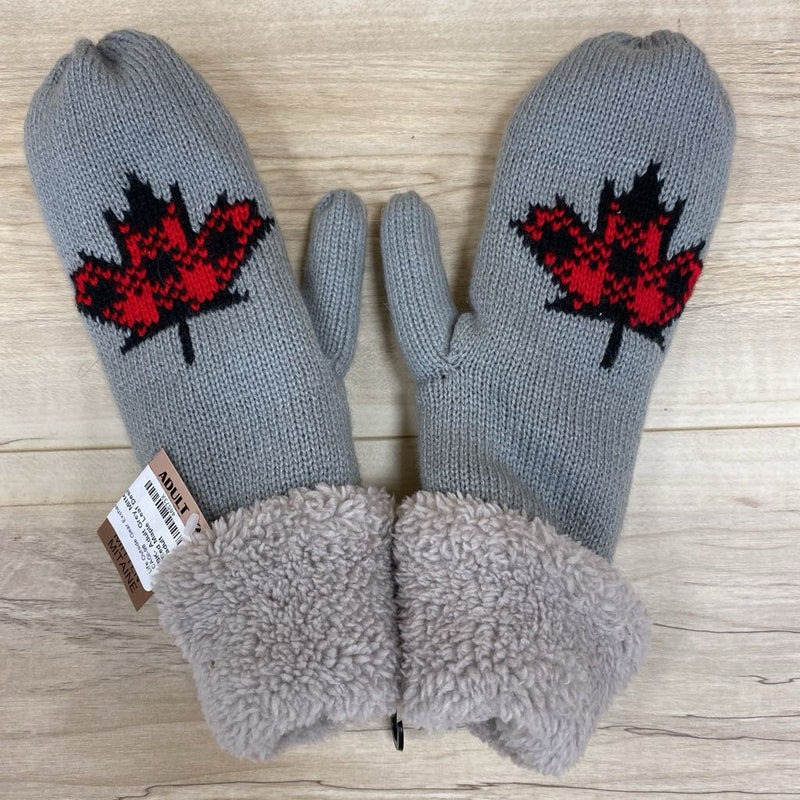 BK- Adult Grey Mitten with Red Maple Leaf Design: grey-unisex-adult