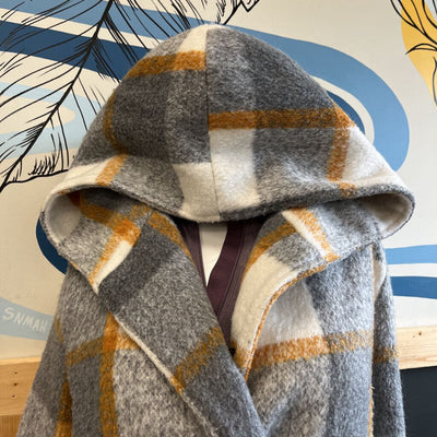 Women's Plaid Hooded Lined Wool-Blend Coat: Grey/White/Yellow-women-SM