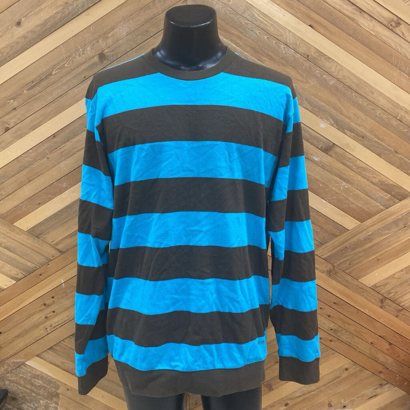 Blue and Brown Striped Long Sleeve Shirt: blue, brown-men-XL