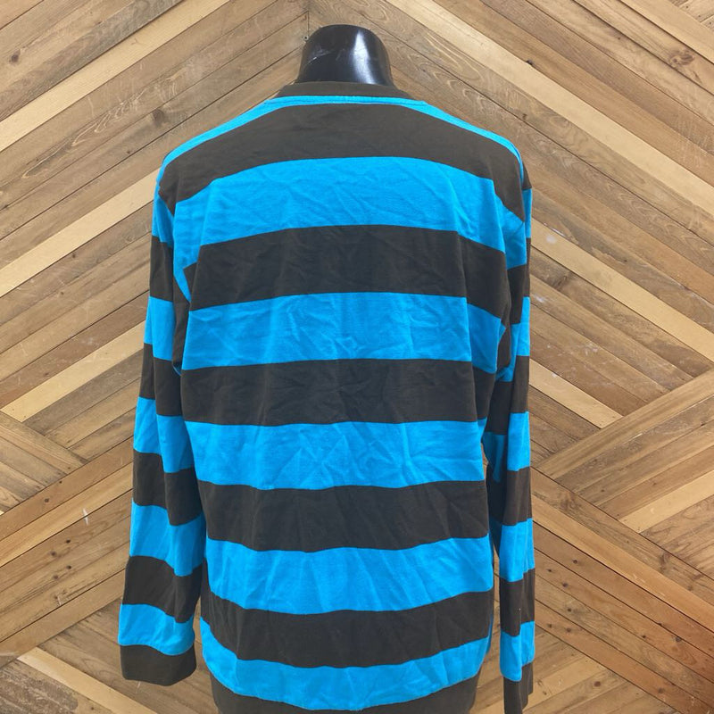 Blue and Brown Striped Long Sleeve Shirt: blue, brown-men-XL