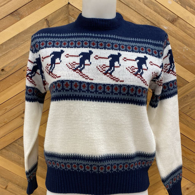 Elite- Vintage Ski Themed Sweater: Navy/White/Red-women-XS