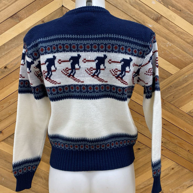 Elite- Vintage Ski Themed Sweater: Navy/White/Red-women-XS