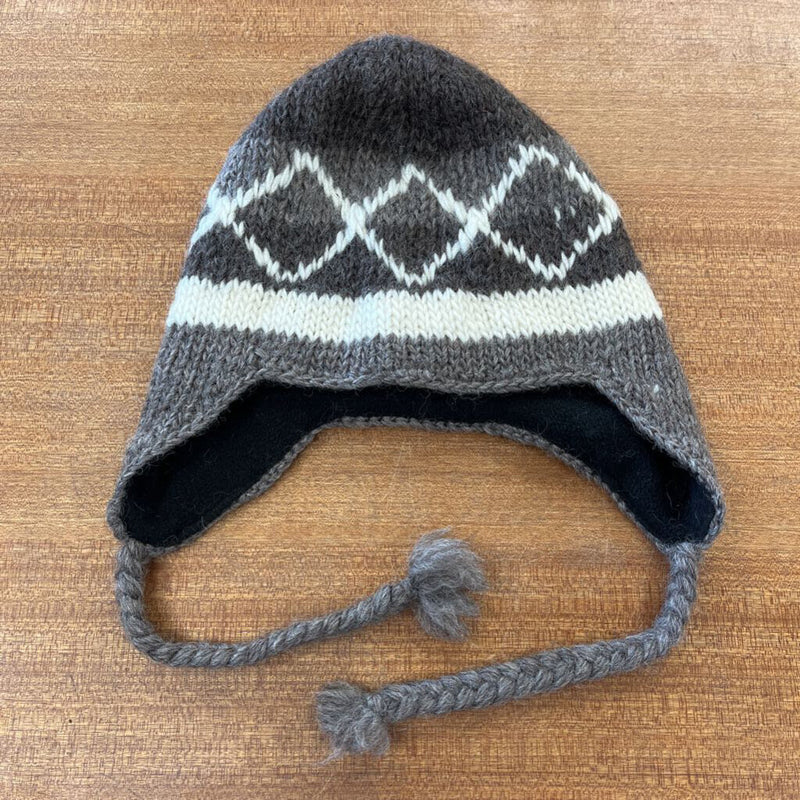 Adult Fleece-Lined Wool Earflap Toque: Grey/Brown/Cream/Black-unisex-O/S