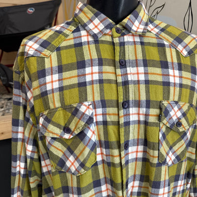KAVU - Men's Plaid Flannel Shirt- MSRP $95: green, yellow, orange, navy-men-XXL