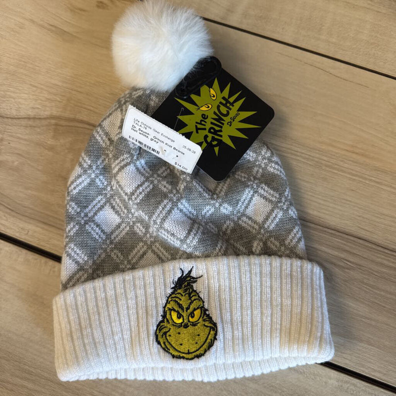 Dr. Seuss- Grinch Knit Beanie Hat: white, gray-unisex-