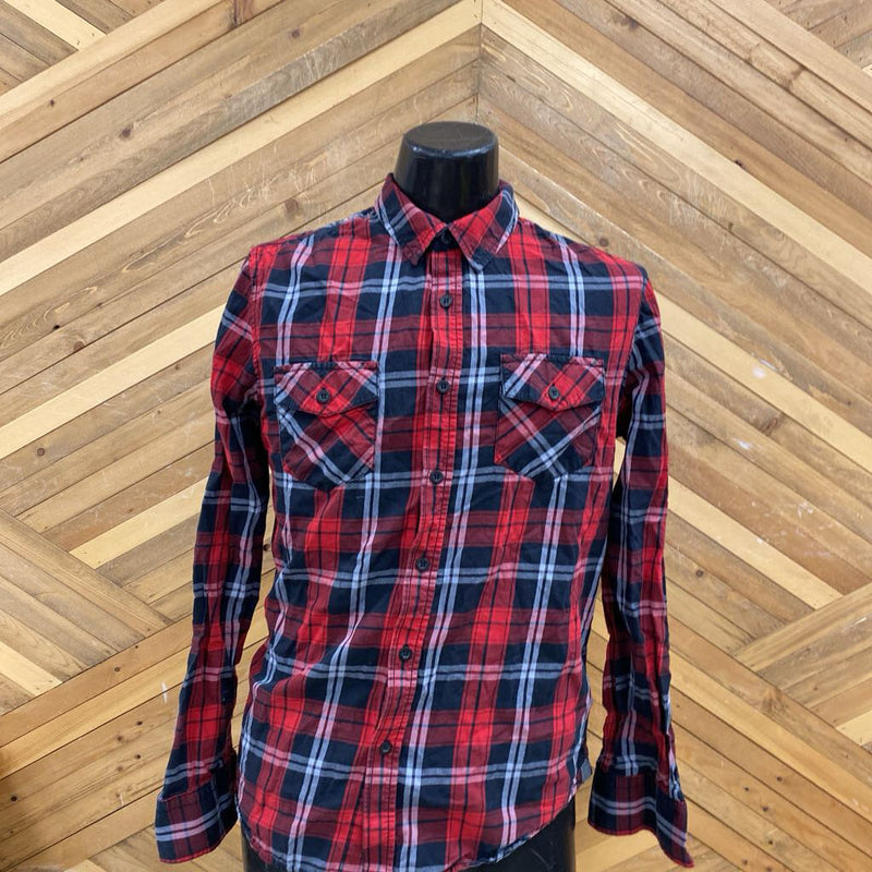 Distillery- Red and Black Plaid Flannel Shirt: red, black, gray-men-