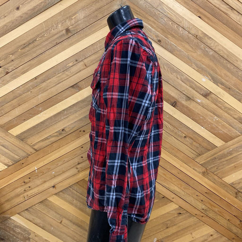 Distillery- Red and Black Plaid Flannel Shirt: red, black, gray-men-