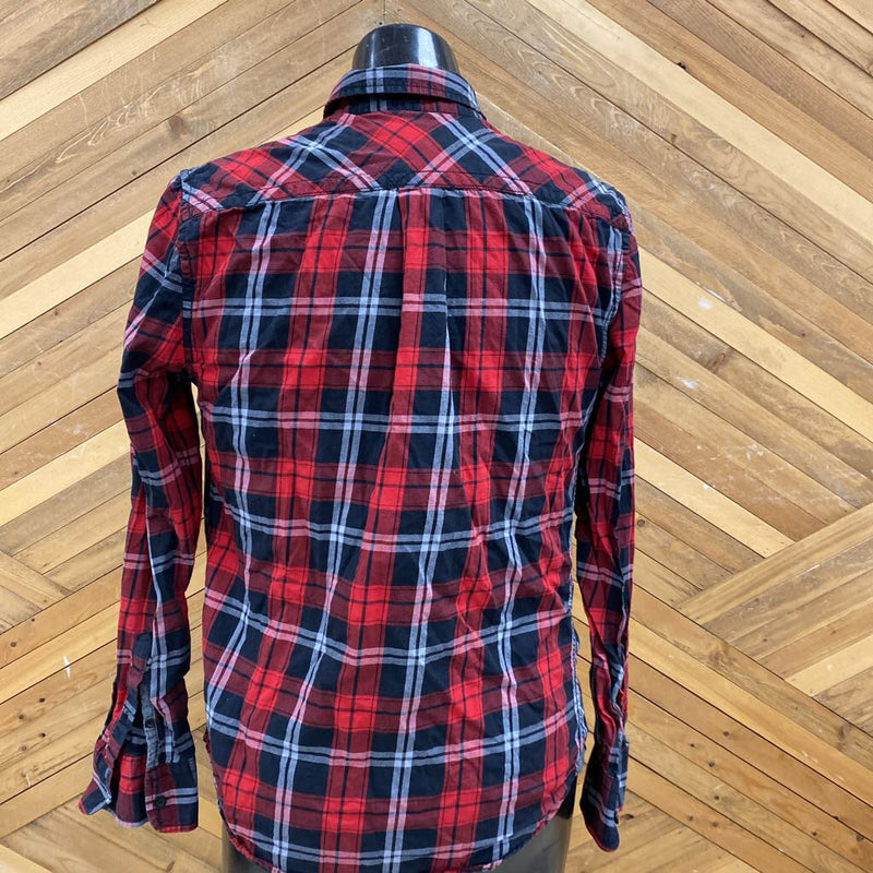 Distillery- Red and Black Plaid Flannel Shirt: red, black, gray-men-