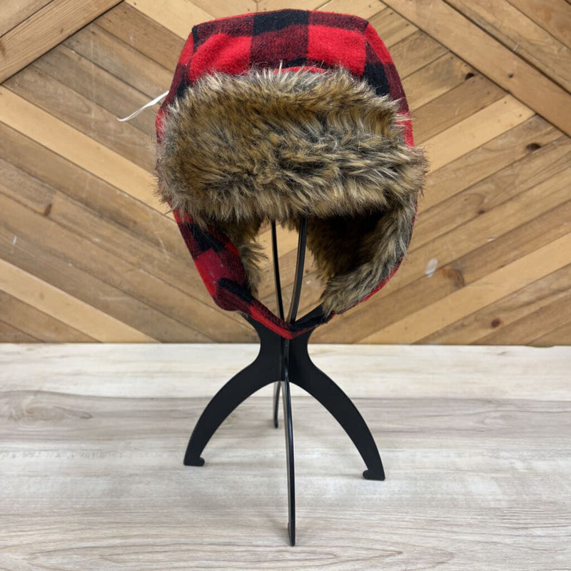 Kids- Red and Black Plaid Winter Hat with Fur Trim: red, black-unisex-