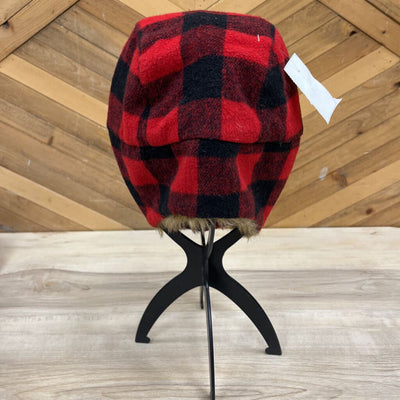 Kids- Red and Black Plaid Winter Hat with Fur Trim: red, black-unisex-