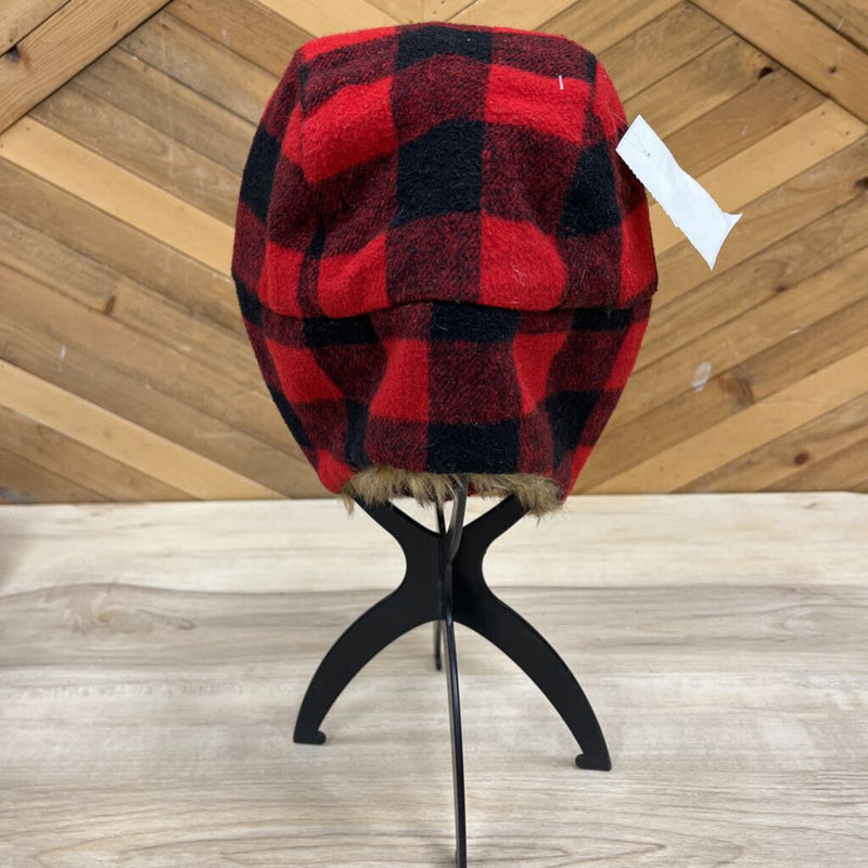 Kids- Red and Black Plaid Winter Hat with Fur Trim: red, black-unisex-