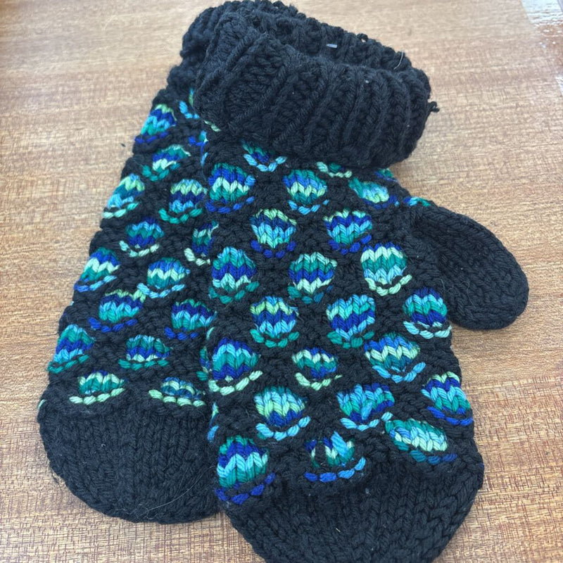 Knit Mitts : Black Teal -women-