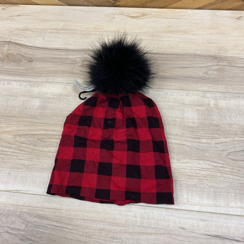 Red and Black Plaid Beanie with Faux Fur Pom: red, black-unisex-