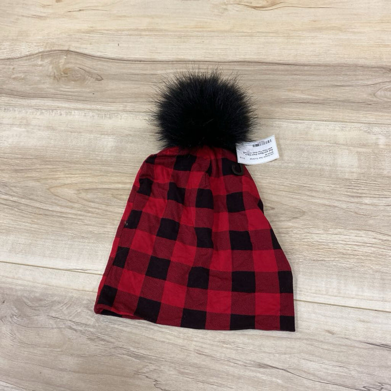 Red and Black Plaid Beanie with Faux Fur Pom: red, black-unisex-