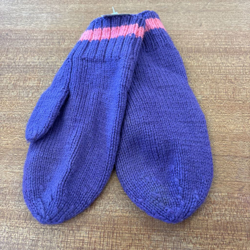 Purple Knit Mittens with Pink Stripes: purple-unisex-