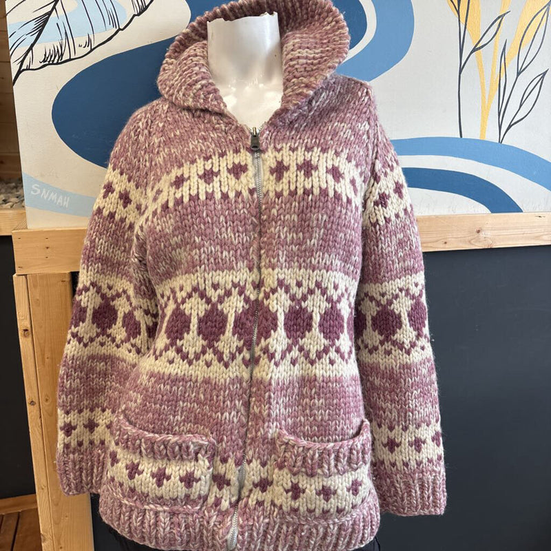 Vintage Knitted Sweater Coat with Zipper: Pink/White-women-SM